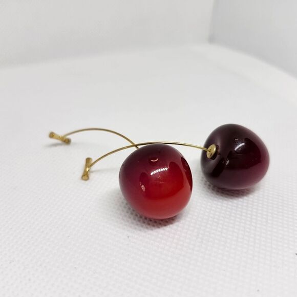 Cherry Drop Earrings Dangle Gold Brushed Sterling Silver Hook Statement Jewelry - Picture 5 of 8